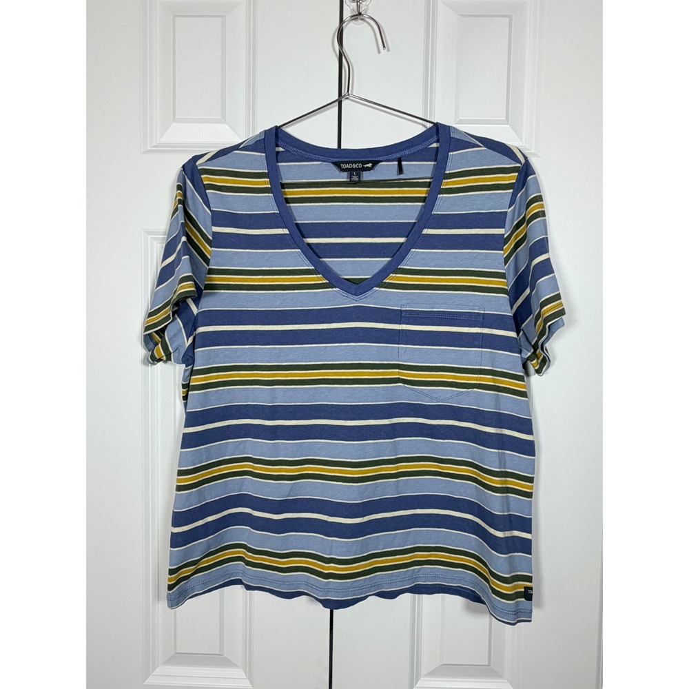 Toad&Co Womens Large Blue Striped‎ Organic Cotton Hemp V-Neck Pocket T-Shirt